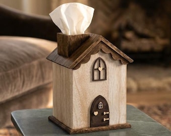 House-Shaped Wooden Square Tissue Box Cover – Farmhouse Brown 5.8"x5.8"x8.2"
