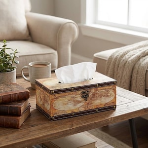 Vintage Wooden Tissue Box Cover with Lid - Rustic Map Design Rectangle Tissue Holder for Bathroom, Living Room, Office Deco