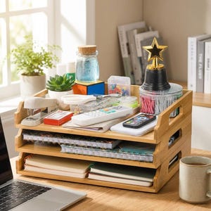 May include: A three-tiered bamboo desk organizer filled with office supplies. It holds notebooks, a stapler, pens, a remote, and a small trophy. A jar with a cork lid and a small succulent are also visible.