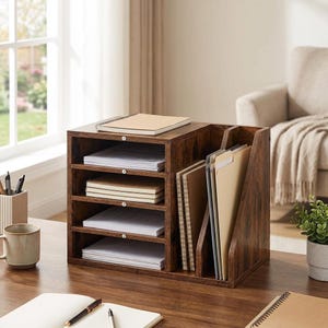 May include: A dark brown wooden desk organizer with multiple compartments for files, notebooks, and papers. The organizer has a rustic finish and is designed to hold various office supplies. A mug, pens, and a potted plant are also visible.