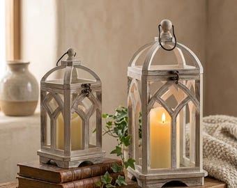 Set of 2 Farmhouse Wooden Lanterns 11" & 15", Brown Table Centerpiece Candle Holder for Mantle, Rustic Indoor Decor Gift