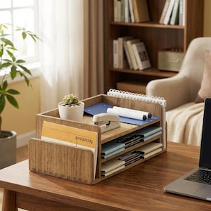Wood Desk Organizer with 5 Trays - 3 Tier Document Letter Sorter, Mail File Holder & Telephone Stand, Dark Brown/Natural