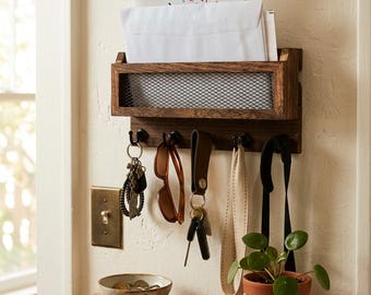 Wood Key and Mail Holder with 5 Hooks Rustic Wall Mount Organizer