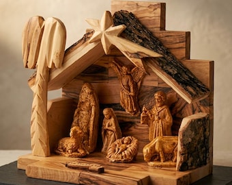 Olive Wood Nativity Set with Bark Roof for Christmas Altar Decor