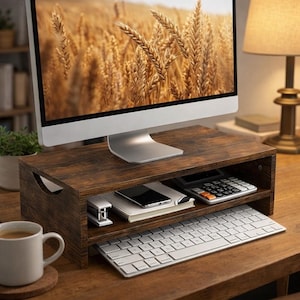 May include: A dark brown wooden monitor stand with a lower shelf for a keyboard and office supplies. A computer monitor displays a field of wheat. A white coffee mug sits on a coaster to the left.