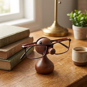 May include: A wooden eyeglasses holder in the shape of a duck, holding a pair of eyeglasses with a dark brown frame. The holder is on a wooden table next to a stack of books and a cup of coffee.