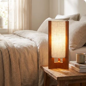 Walnut Wood Cylinder Table Lamp with Beige Linen Shade - 13.5" Small Modern Nightstand Lamp for Bedroom Living Room