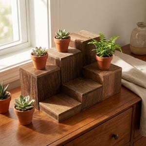 May include: A wooden plant stand with a tiered design, displaying several small potted succulents and a fern. The stand is made of dark brown wood and is placed on a wooden surface. The terracotta pots add a touch of color.