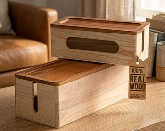 Natural Wood Cable Management Box Set of 2 – Large & Medium Cord Organizer