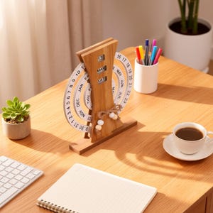 May include: A wooden perpetual calendar with rotating date rings, displaying "13 MAR SAT". The calendar sits on a wooden desk with a notepad, keyboard, and a cup of coffee. A small succulent and a pen holder with colorful pens are also on the desk.