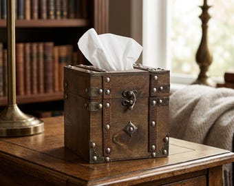 Retro Wood Square Tissue Box Cover, Vintage Cube Tissue Holder for Bathroom Bedroom Office Desk