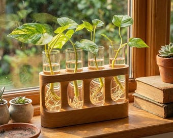 Wooden Plant Propagation Station with LED Lights - 4 Glass Test Tubes, 9-Speed Adjustable Hydroponic Display, Unique Gift for Plant Lovers