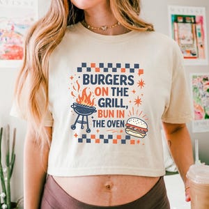 Burgers on the Grill Bun in the Oven Comfort Colors Boxy Tee, Pregnancy Announcement Patriotic Tee