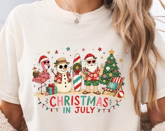 Christmas in July Shirt for Women | Tropical Santa Flamingo Snowman Beach Christmas Summer Graphic Tee
