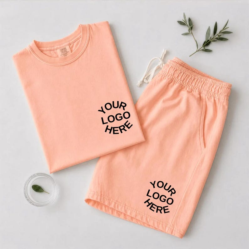 May include: A peach-colored short-sleeve t-shirt and matching shorts set. The t-shirt features the black text YOUR LOGO HERE on the chest, and the shorts feature the same black text YOUR LOGO HERE on the lower leg. The shorts have a drawstring waist.