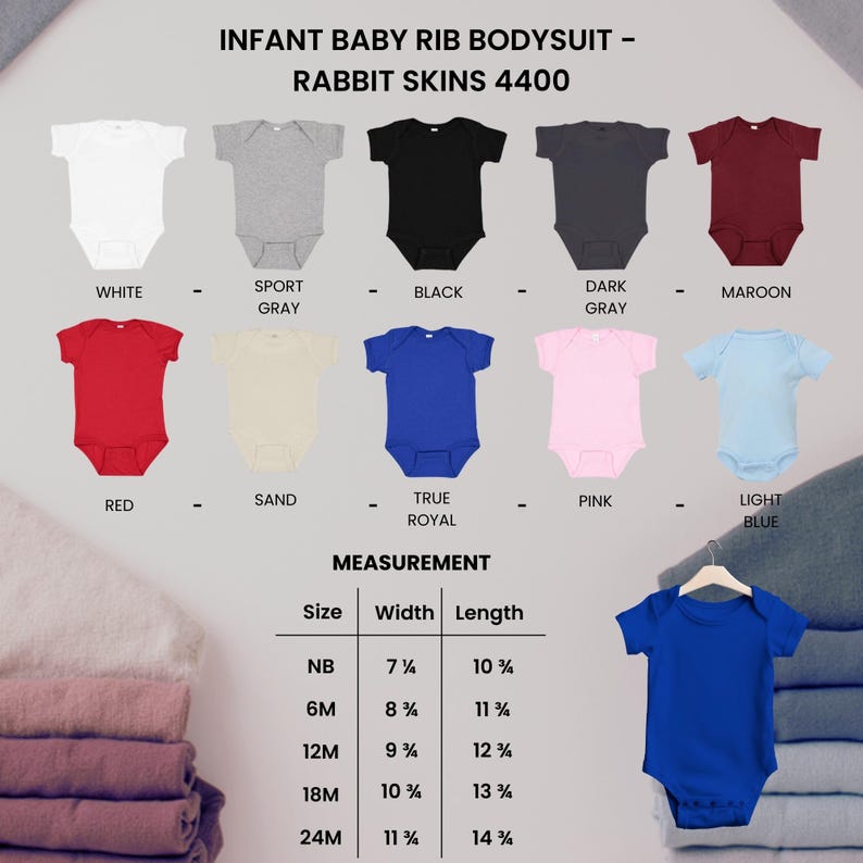 May include: A selection of infant baby rib bodysuits in various colors, including white, gray, black, red, and blue. The image also displays a measurement chart with sizes ranging from newborn to 24 months, with width and length measurements in inches.