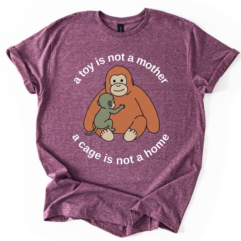 May include: Maroon t-shirt with the text "a toy is not a mother, a cage is not a home." The shirt features a cartoon illustration of an orangutan hugging a baby monkey. The design is in white, orange, and green.