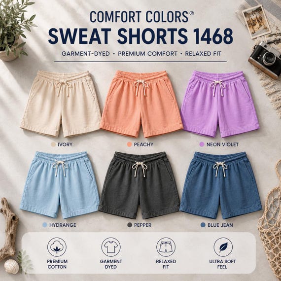 Comfort Colors 1468 Sweat Shorts, Garment Dyed Shorts, Relaxed Fit Cotton Shorts