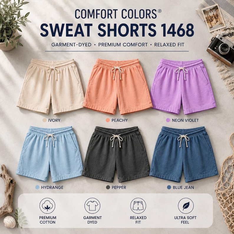 May include: Six pairs of Comfort Colors 1468 sweat shorts with drawstring waistbands, displayed in ivory, peachy, neon violet, hydrange, pepper, and blue jean colors. The text reads Comfort Colors Sweat Shorts 1468, Garment-Dyed, Premium Comfort, Relaxed Fit.