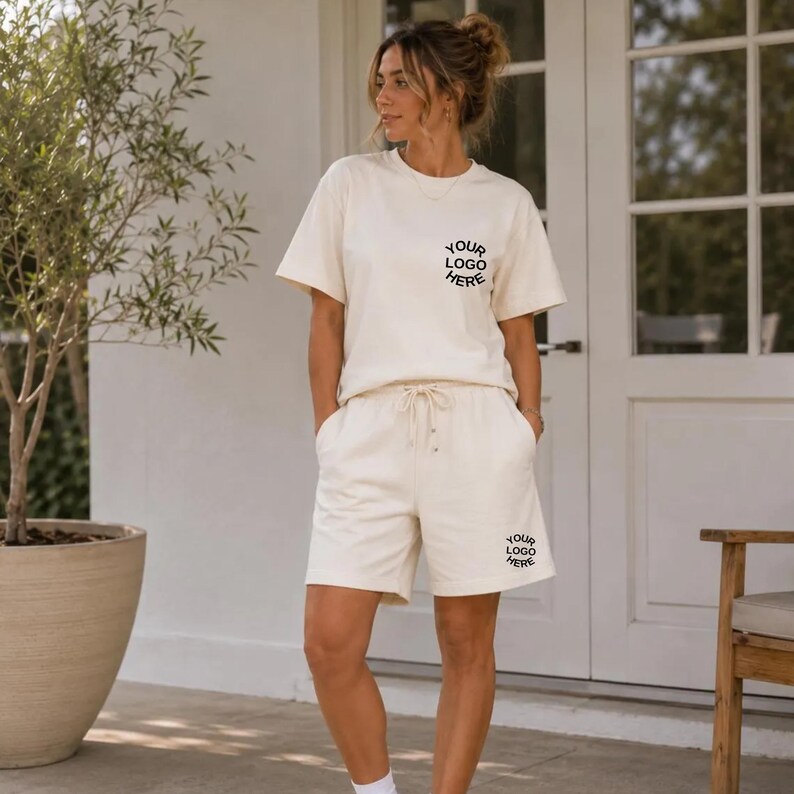 May include: A cream-colored short-sleeve t-shirt and matching shorts set. The t-shirt features the black text YOUR LOGO HERE on the left chest. The shorts have a drawstring waist and the black text YOUR LOGO HERE on the lower left leg.