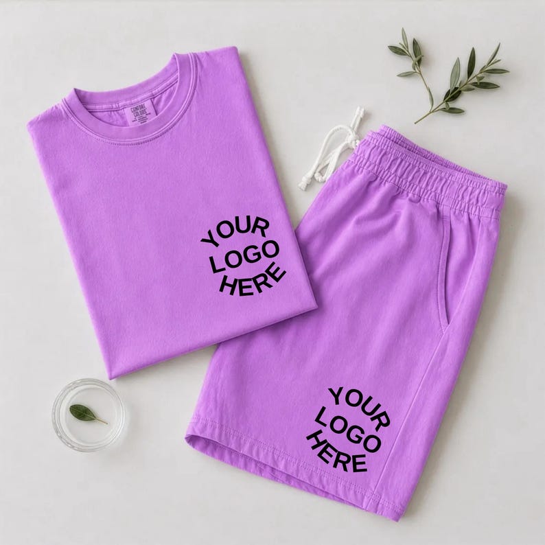 May include: A lavender short-sleeve t-shirt and matching shorts set. The t-shirt features the black text "YOUR LOGO HERE" on the chest, and the shorts feature the same black text on the leg. The shorts have a white drawstring at the waistband.