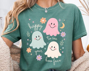 Happy To See Your Boo Face Shirt, Cute Ghost Halloween Shirt, Pastel Ghost Tee, Kawaii Spooky Season Shirt, Coquette Fall Tee