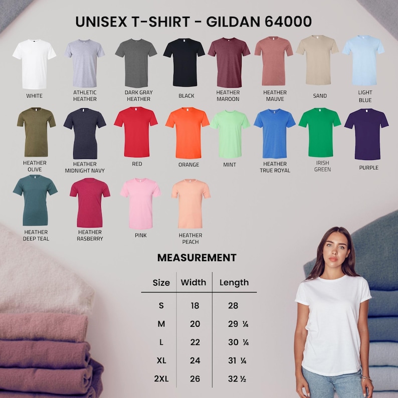 May include: A display of Gildan 64000 unisex t-shirts in various colors, including white, black, and red. The image also shows a measurement chart with sizes ranging from S to 2XL, with widths from 18 to 26 inches and lengths from 28 to 32.5 inches.