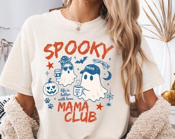 Spooky Mama Club Comfort Colors Shirt, Halloween Mom Shirt, Ghost Mom Tee, Cute Fall Mama Shirt, Halloween Coffee Lover Tee