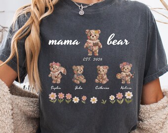 Custom Mama Bear Shirt with Kids Names, Personalized Patchwork Teddy Bear Comfort Colors Tee, Est 2026 Motherhood Shirt