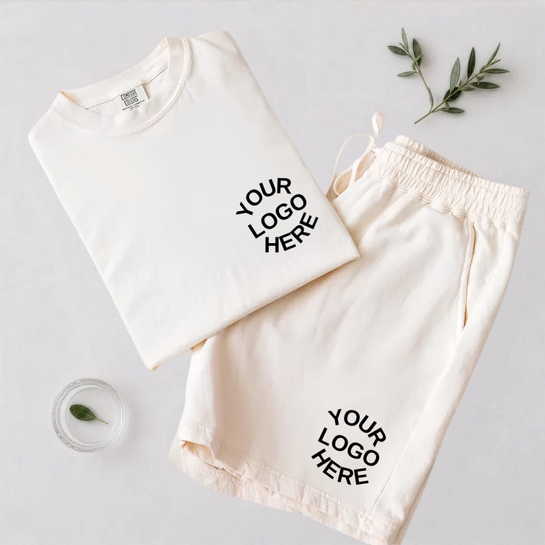 May include: A cream-colored t-shirt and matching shorts set featuring the black text "YOUR LOGO HERE" printed on the chest of the shirt and the lower leg of the shorts. The shirt has a crew neckline and the shorts feature an elasticized waistband.