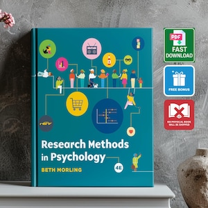 May include: A teal book titled "Research Methods in Psychology" by Beth Morling. The cover features a colorful illustration of people and icons. Icons on the right indicate a PDF download, free bonus, and no physical book.