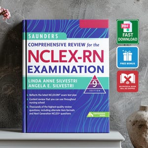 May include: A comprehensive review book for the NCLEX-RN examination. The book has a blue cover with white and red text. The book includes the text "Saunders" and "9th Edition". The book is on a white surface.