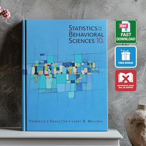 May include: A textbook titled "Statistics for the Behavioral Sciences 10e" with a light blue cover featuring an abstract design in various colors. The book is stacked on top of other books. Icons indicate a PDF download and a free bonus.