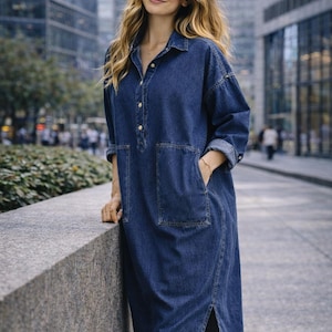 Può includere: Un lungo abito in denim blu scuro con colletto, abbottonatura frontale e due ampie tasche anteriori. L'abito ha maniche lunghe arrotolate. La persona è in piedi all'aperto di fronte a uno sfondo urbano.