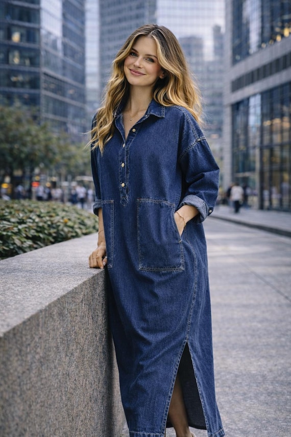 denim dress korean style Women's Loose Fit Denim Shirt Dress: Retro Korean Street Style Split Hem
