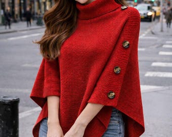 Pull poncho surdimensionné en tricot pour femme à col roulé et manches chauve-souris châle automne hiver