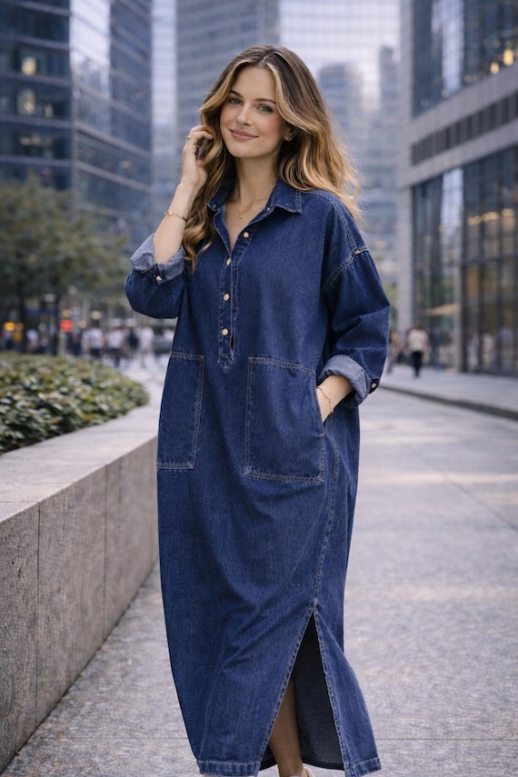 Denim Shirt Dress for Women – Loose Fit Split Hem Casual Long Sleeve Dress