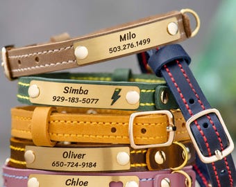 Personalized Leather Cat Collar | Custom Engraved Name Plate, Powder Pink