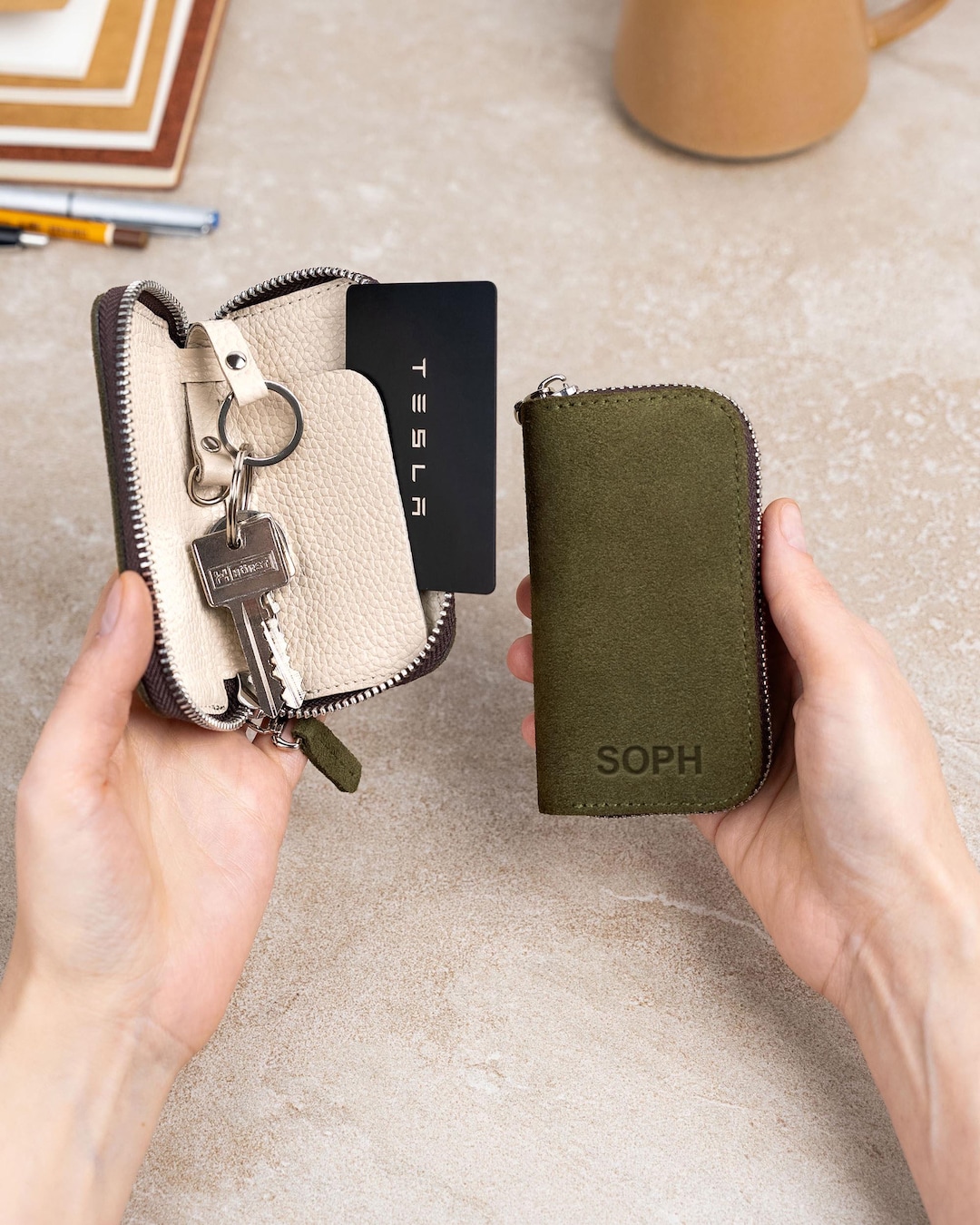 Personalized Suede Leather Key Case With Card Pocket – Custom Engraved ...