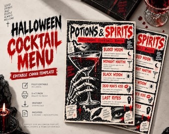 May include: A Halloween cocktail menu template featuring a skeleton hand holding a martini glass filled with red liquid. The design includes the text Potions & Spirits, a list of five drinks, and gothic illustrations like a crow and an eye.
