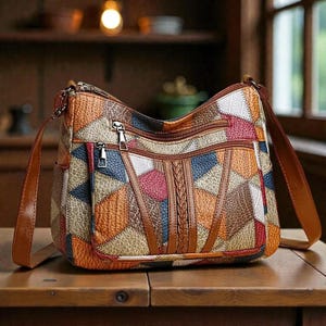 Puede incluir: Bolso bandolera patchwork multicolor con correa de cuero marrón. El bolso presenta una variedad de formas geométricas en tonos marrón, naranja, azul, rojo y blanco. Tiene múltiples compartimentos con cremallera y un detalle de cuero trenzado.