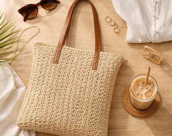 Square Straw Beach Bag, Woven Raffia Tote, Hollow Rattan Shoulder Bag, Boho Summer Handbag, Large Vacation Shopping Tote for Women