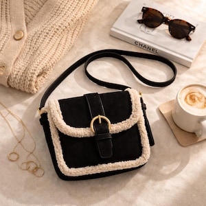 Borsa a mano in peluche autunno/inverno da donna, piccola borsa a tracolla quadrata in stile retrò coreano, borsa a tracolla in pelle scamosciata e lana di agnello con inserti in patchwork.