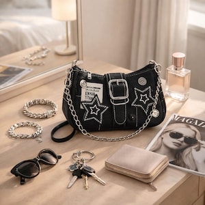 Y2K Denim Star Baguette Bag, Rivet Chain Shoulder Purse