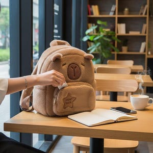 Könnte beinhalten: Ein brauner Plüschrucksack in Bärenform mit einem lächelnden Gesicht und kleinen Ohren. Der Rucksack hat eine Vordertasche mit dem Text "copy bara" auf einem sternförmigen Aufnäher. Eine Person steckt etwas in die Tasche.