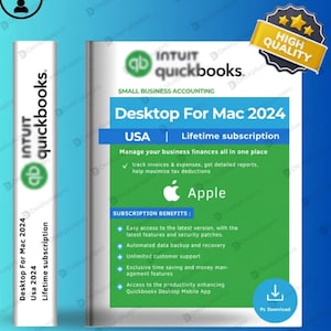 May include: A product image of Intuit QuickBooks Desktop For Mac 2024 software. The cover features a green and white design with the Apple logo and the text "USA | Lifetime subscription." The product promises to manage business finances, track expenses, and maximize tax deductions.