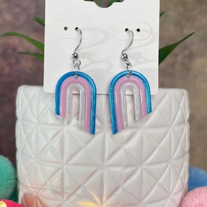 Può includere: Un paio di orecchini con un design arcobaleno nei colori della bandiera transgender: azzurro, rosa e bianco. Gli orecchini sono realizzati in un materiale lucido e hanno ganci color argento. Sono esposti su una carta bianca.