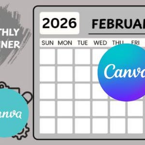 Könnte beinhalten: Ein grauer Monatsplaner für Februar 2026 mit einem Kalenderraster. Das Wort "Canva" wird auf zwei türkis-violetten Farbverlaufskreisen angezeigt. Die Worte "Monatsplaner" stehen über einer dekorativen Grafik.