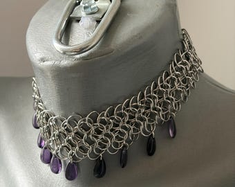 Handmade chain link choker, purple drop necklace, gothic jewelry, alternative, silver metal chainmail.