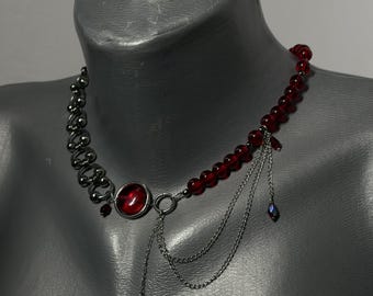 Red necklace with falling chains, handmade goth choker, dark asymmetric jewelry